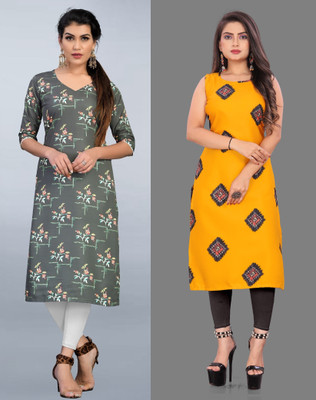 Modli 20 Fashion Women Printed Straight Kurta(Grey, Yellow)