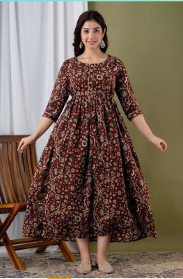 AAITHAN Women Floral Print Anarkali Kurta(Brown)