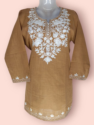 Anshi jari arts Women Embroidered Anarkali Kurta(Brown)