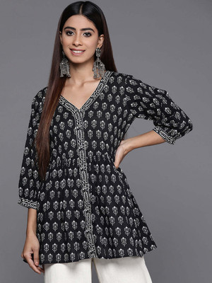 LIBAS Women Printed A-line Kurta(Black)