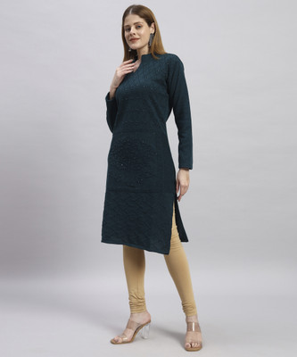 MYLES Women Self Design Straight Kurta(Blue)