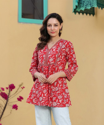 Golden Wings Women Floral Print A-line Kurta(Red)