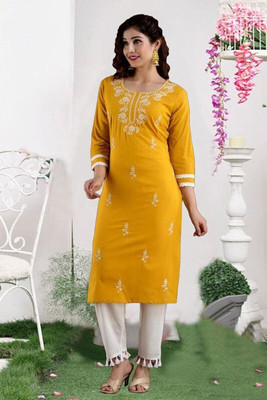SISTO Women Chikan Embroidery Straight Kurta(Yellow)