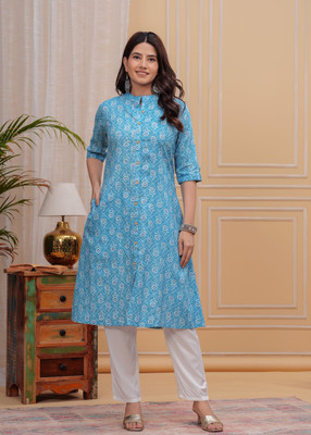 HouseOfCommon Women Floral Print A-line Kurta(Light Blue)