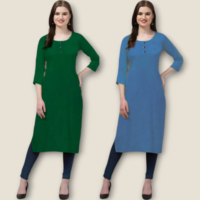 Coft Women Solid Straight Kurta(Blue, Green)