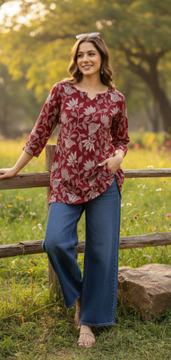 ENAREZI Women Floral Print Straight Kurta(Maroon)