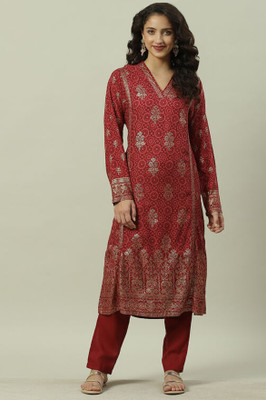 BIBA Women Printed Straight Kurta(Red)