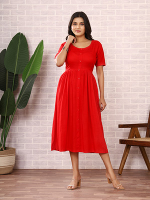 Siddiqa Creation Women A-line Red Midi/Calf Length Dress