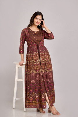 ftDiva Women Printed Anarkali Kurta(Brown)