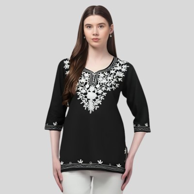 CROWNKING Women Embroidered Straight Kurta(Black)