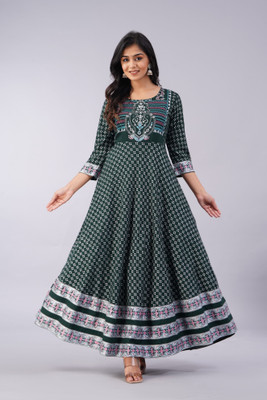 Well style Women Printed Anarkali Kurta(Dark Green, White)