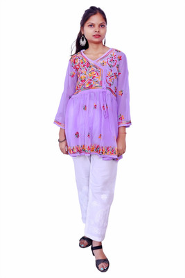 Ah cration Women Chikan Embroidery A-line Kurta(Purple)
