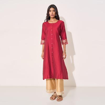 Rangmanch by Pantaloons Women Embroidered, Solid A-line Kurta(Red)