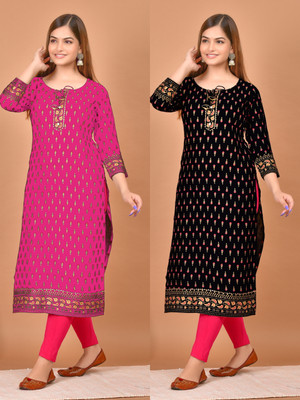 Avnigarments Women Printed, Embroidered A-line Kurta(Dark Blue, Black)