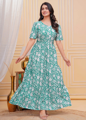 NERKSRE Women Printed Anarkali Kurta(Green)