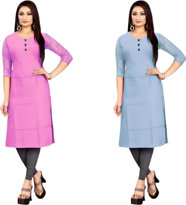 HouseOfCommon Women Solid Straight Kurta(Pink, Grey)