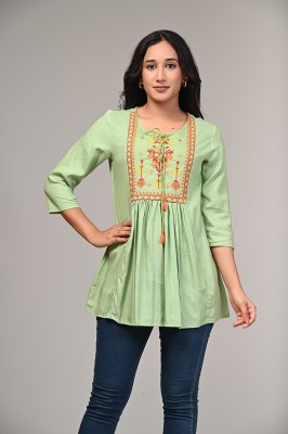 MF HAYAT Casual Embroidered Women Light Green Top