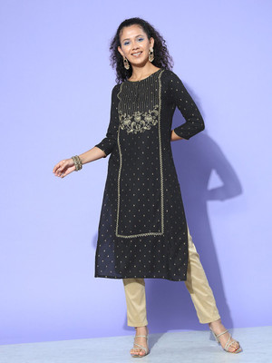 all about you Women Printed Straight Kurta(Black)
