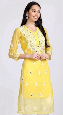 Chikankari Fashion Collection Women Chikan Embroidery Straight Kurta(Yellow)