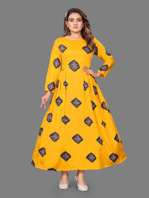 Hiral Creation Women Fit and Flare Yellow Maxi/Full Length Dress