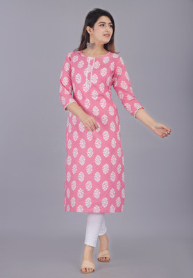 Janki Creation Women Floral Print A-line Kurta(Pink, White)