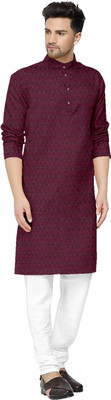 Arzu Fashion Men Block Print Straight Kurta(Maroon)