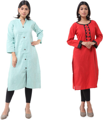 DESHBANDHU DBK Women Solid Straight Kurta(Light Blue, Red)
