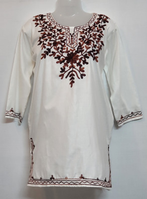 Bare Fangs Women Embroidered Straight Kurta(White, Brown)