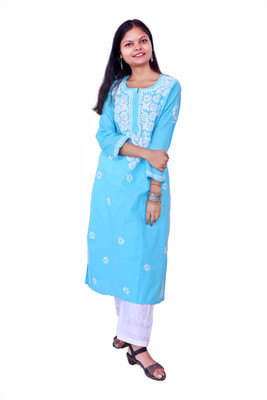 AHL Creation Women Chikan Embroidery A-line Kurta(Blue)