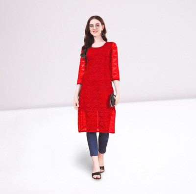 HouseOfCommon Women Self Design Straight Kurta(Red)