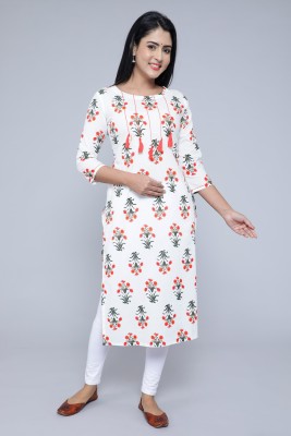 Mist Mint Women Floral Print Straight Kurta(White)