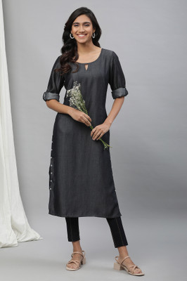 Aurelia Women Solid Straight Kurta(Black)