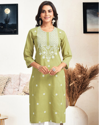 Skylee Women Chikan Embroidery, Embellished, Dyed/Ombre, Self Design Straight Kurta(Light Green)