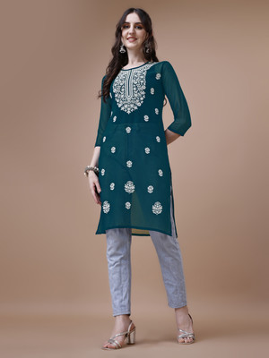 Anmi Chikan Embroidery Women Straight Kurta(Dark Blue)