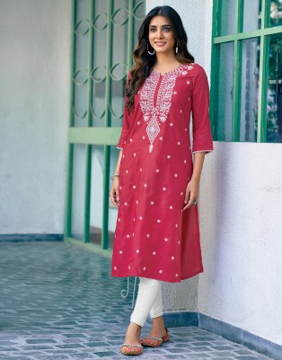 Divastri Women Chikan Embroidery Straight Kurta(Pink, White)