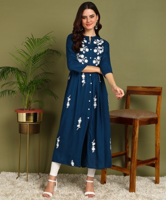 Kapad Dwar Women Embroidered A-line Kurta(Blue)