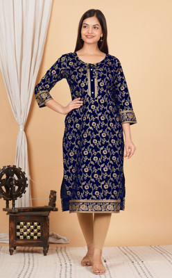 ZAARA CREATION Women Printed Straight Kurta(Dark Blue)