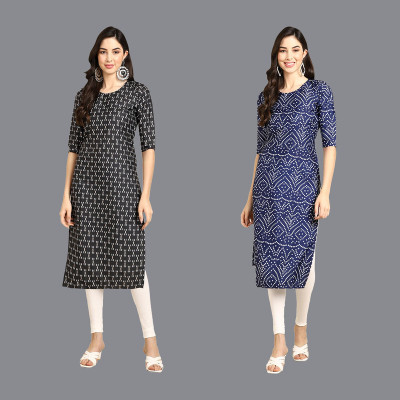 EthnicBasket Women Printed Straight Kurta(Black, Dark Blue)