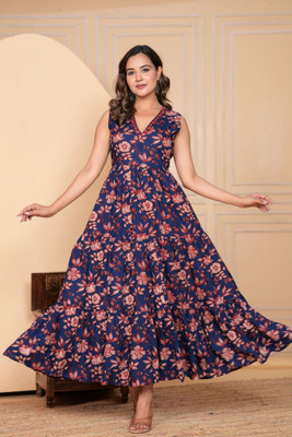 RD Fab Women Floral Print Anarkali Kurta(Dark Blue)