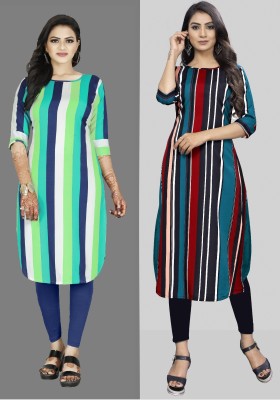 maruti fab Women Striped, Printed Straight Kurta(Multicolor, Green)