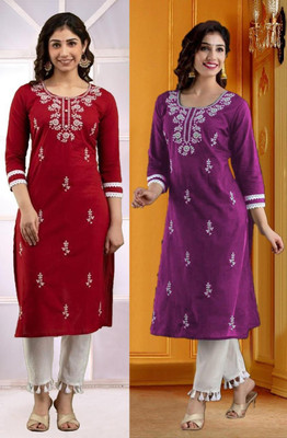 SISTO Women Chikan Embroidery Straight Kurta(Multicolor)