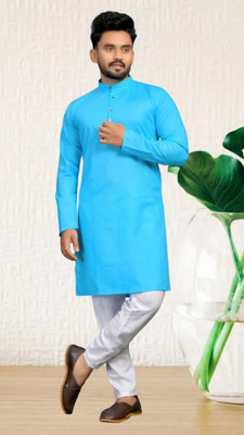 Vastra Men Solid Straight Kurta(Light Blue)