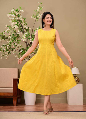 rainy rose Women Striped Gown Kurta(Yellow)