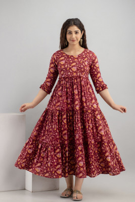 VARICOS Women Printed A-line Kurta(Maroon)