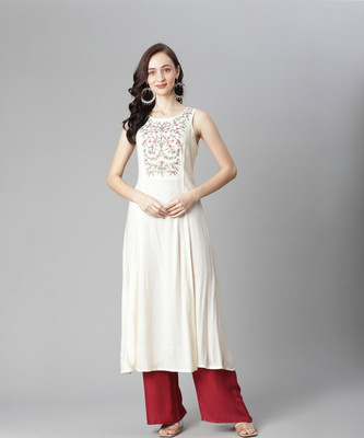 Poshak Hub Women Embroidered A-line Kurta(White)