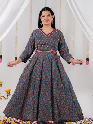 Aramya Women Printed Anarkali Kurta(Blue)
