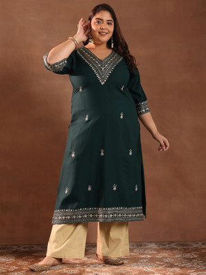 EXTRA LOVE BY LIBAS Women Embroidered Straight Kurta(Green)