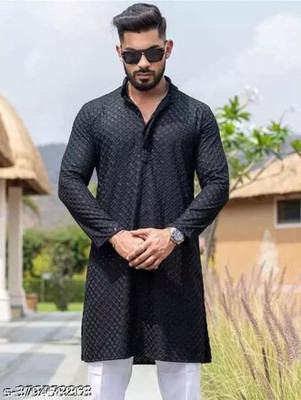 SONBAI Men Embroidered, Chikan Embroidery A-line Kurta(Black)
