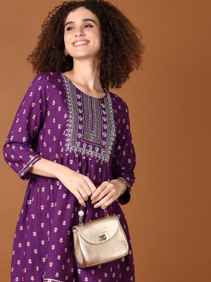 V-MART Women Printed A-line Kurta(Purple)