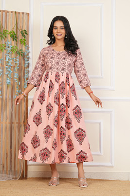 Priyshi Designing Women Printed Flared Kurta(Orange)